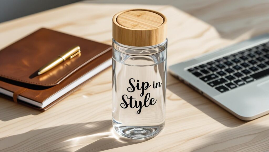 _Elegant glass water bottle with bamboo lid, 'Sip In Style' label, placed on a modern office desk with a laptop, notebook, and pen._ (1) - Copy - Copy