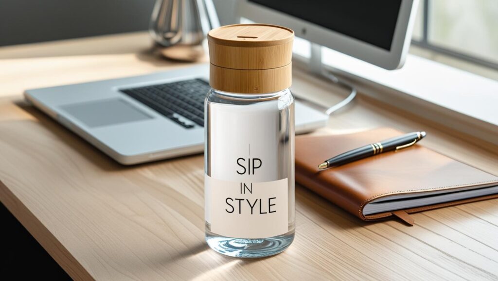 _Elegant glass water bottle with bamboo lid, 'Sip In Style' label, placed on a modern office desk with a laptop, notebook, and pen._ (3)
