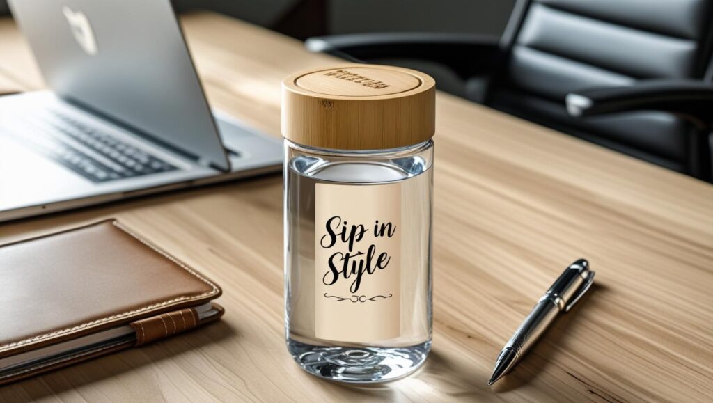 _Elegant glass water bottle with bamboo lid, 'Sip In Style' label, placed on a modern office desk with a laptop, notebook, and pen._ (5) - Copy - Copy