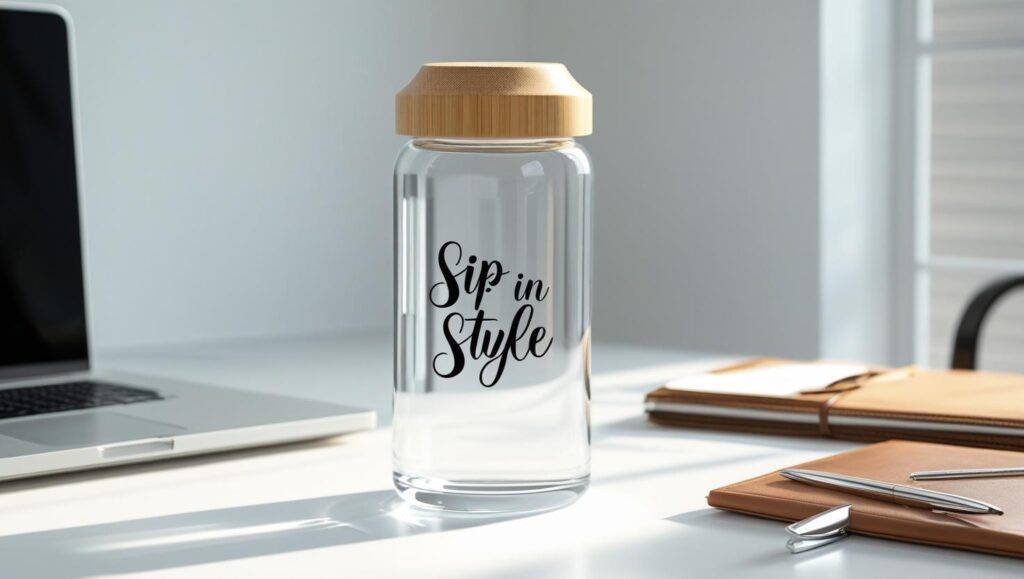 _Elegant glass water bottle with bamboo lid, 'Sip In Style' label, placed on a modern office desk with a laptop, notebook, and pen._ - Copy (2)